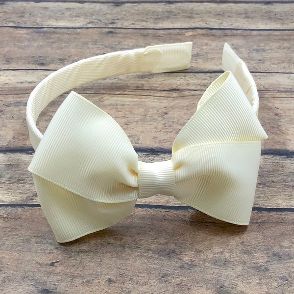 Ivory Bow on Hard Headband, Ivory Headband, Ivory Hair Bow, Ivory Bow, Off White Headband, Cream Headband, Large Ivory Bow, BUY 3 GET 1 FREE