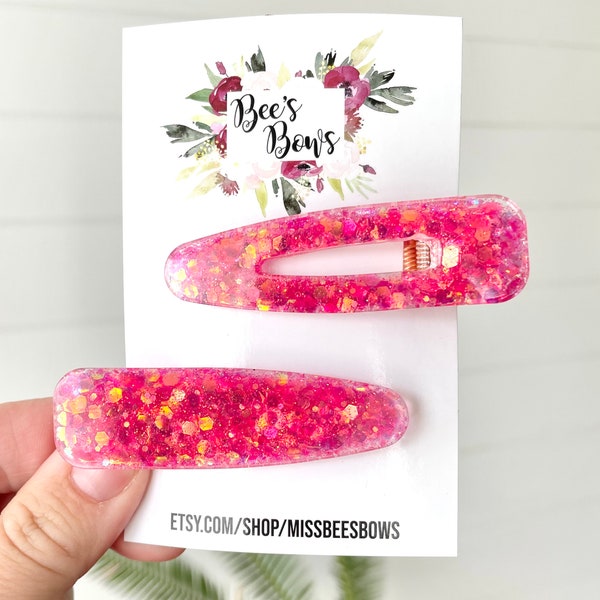 Raspberry Glitter Clip, You Choose 1! | 6 Shapes | Hot Pink Hair Clip, Chunky Glitter Hair Clip, Resin Acrylic Clip, BUY 3 GET 1 FREE!