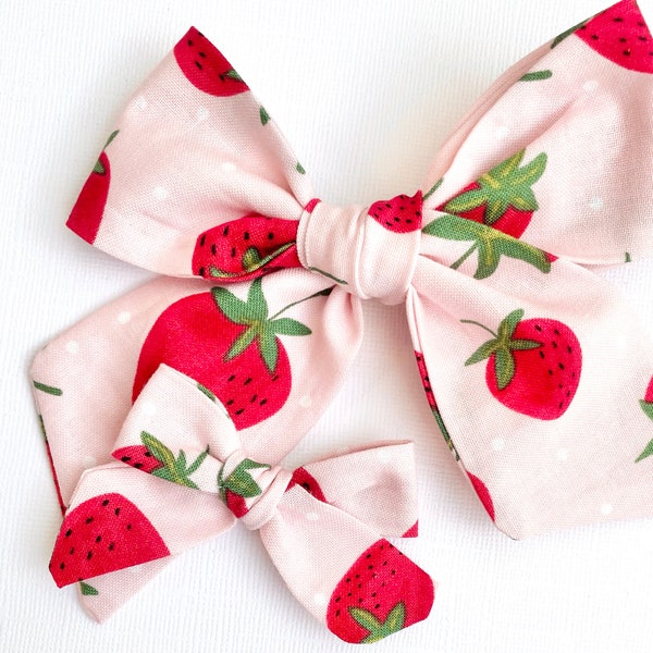 Pink Strawberry Bow | 20 styles | Fruit Print Bow, Schoolgirl Bow, Sailor Bow, Pigtail Bows, Spring Summer Hair Bow, BUY 3 GET 1 FREE!