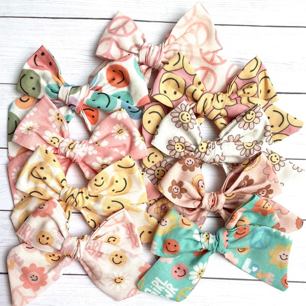 Groovy Bow | 20 Styles, You Choose One | Schoolgirl Bow, Pigtail Bow, Sailor Bow | Peace Sign Floral Bows, Girl Power Spring Bows, B3G1Free!