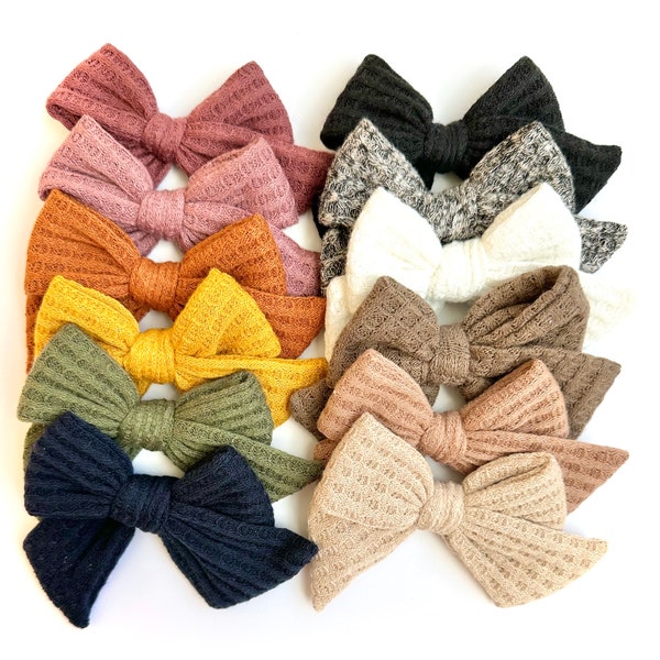 Waffle Knit Bow | 20 styles, 12 Colors | Fall Winter Sweater Bow, Baby Girl Gift, Schoolgirl Bow, Sailor Bow, Pigtail Bows, BUY 3 GET 1 FREE