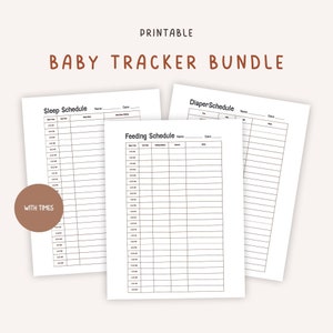 Könnte beinhalten: Druckbarer Baby-Tracker-Bundle mit drei Zeitplänen: Schlaf, Fütterung und Windeln. Jeder Zeitplan hat Spalten für die Zeit, Notizen und andere relevante Informationen. Die Zeitpläne sollen Eltern helfen, den Fortschritt ihres Babys zu verfolgen.