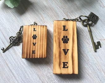 Shou Sugi Ban Wood Block Dog Keyring, Paw Print, Pet Lover Gift