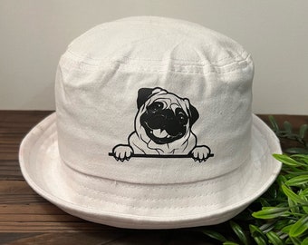 Peeking Pug Bucket Hat, Pug Bucket Hat, White Cotton Pet Hat, Dog Mom Hat, Dog Owner Gift, Pet Lover Gift, Christmas Gift