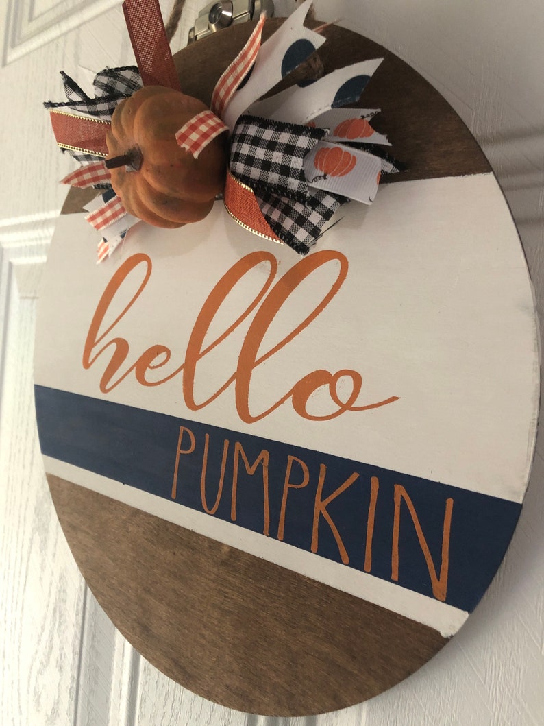 12 Round Wood Door Hanger Hello Pumpkin Etsy