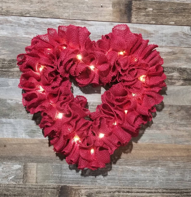 Lighted Burlap Valentine Heart Wreath With Metal Love Sign Etsy