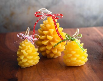 Gift Pinecone Candle Set of Three. 100% Beeswax Candles, Naturally Scented with Honey and Beeswax, no added Fragrance. Hand Poured Candles