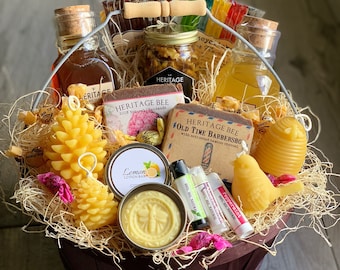 DELUXE HONEY AND HIVE GIFT BASKET RAW HONEY, BEESWAX CANDLE AND HANDMADE  SOAP. UNIQUE GOURMET GIFT BASKET DELIVERED