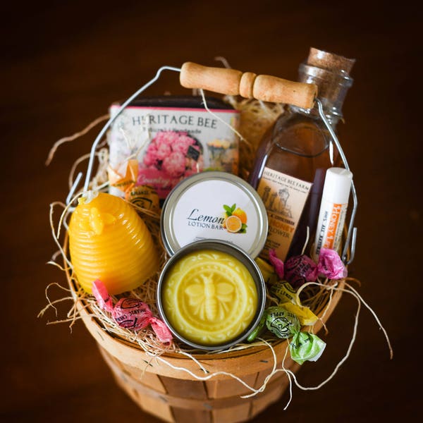 Beautiful Unique Gift Basket from the Hive ~ Raw Honey ~Handmade Soap ~ Lip Balm ~ Lotion Bar ---The Perfect Gift!