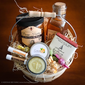 Gift Basket - Raw Honey and Hive Gift Baskets - Homemade soap, Lotion Bar, Lip balm, Nut Honey and Honey Candies, Honey Sticks ~ Medium gift