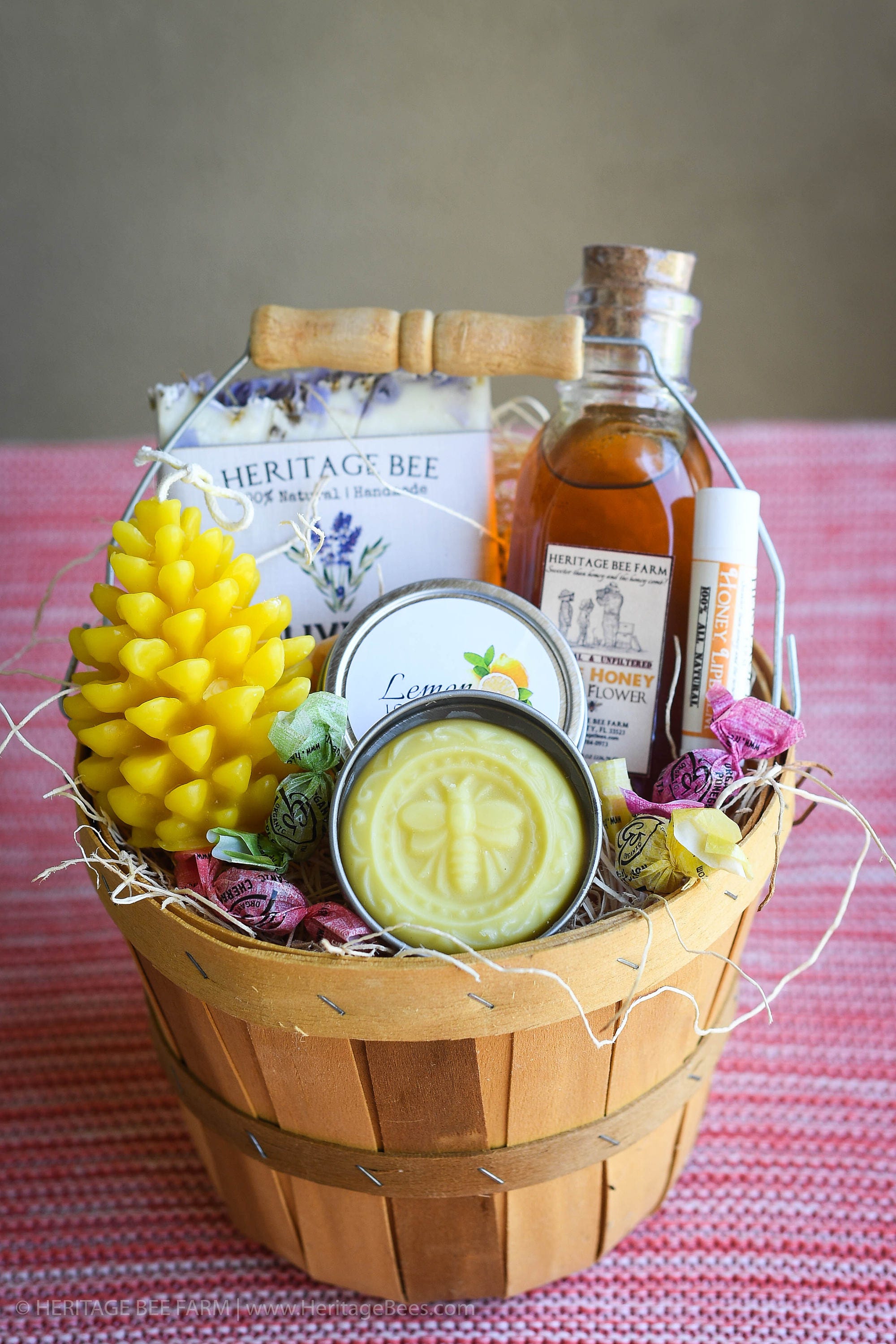 Small Gift Basket: Pure Honey, Beeswax Candles, Soap, Lip Balm Wildflower Creamed Honey