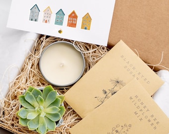 New Home Gift | Homeowners Gift Box | Real Estate Housewarming Gift Box |  with Succulent, Candle, Raw Honey, Handmade Soap, Flower Seeds