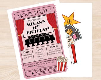May include: A pink movie party invitation with the text "Movie Party" and "Megan's 10th Birthday!" The invitation includes details for the event, such as the date, time, and location. A popcorn bucket and movie reel graphic are also included.