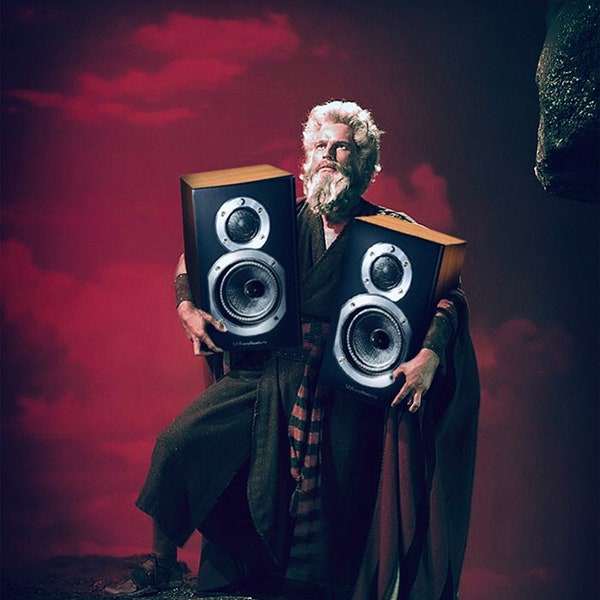 Ten Commandments Charlton Heston as Moses with record player and speakers DJ Mash up parody Art Print