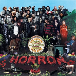 Horror Movie Monsters Halloween, Friday 13th, etc / The Beatles Sgt Pepper 'Vinyl Record Album Cover' Mash Up Parody Art Print image 1