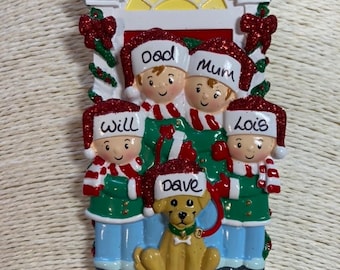 Personalised Family of 4 and Dog on Doorstep Christmas Tree Decoration Bauble Siblings Brothers Sisters Grandchildren