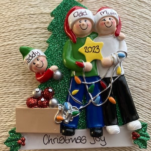 Personalised Family of 3 Decorating the Tree Christmas Decoration Bauble Keepsake Bauble Christmas Tree Hanging Decoration