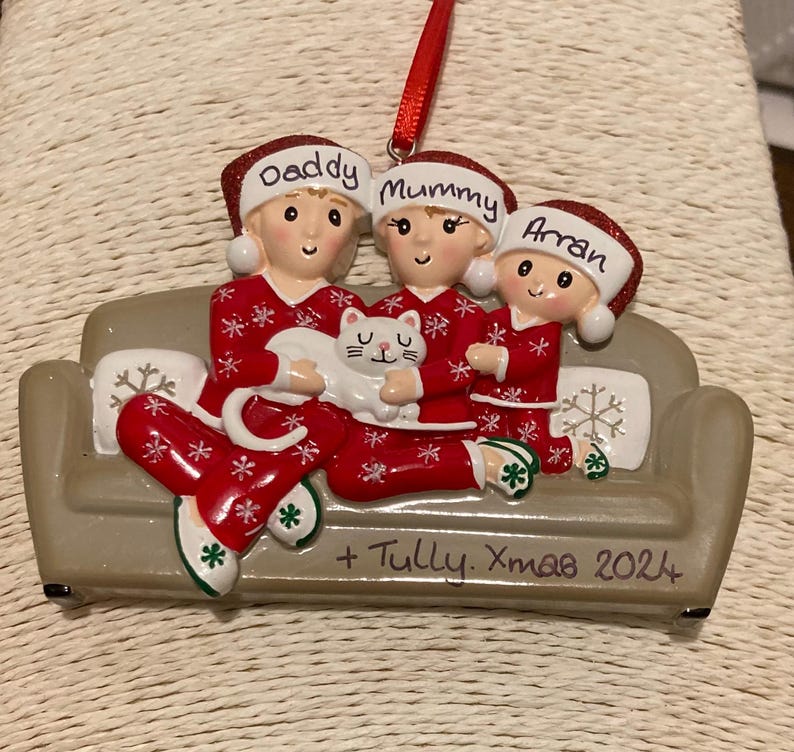 Personalised Family of 3 With Cat on Sofa Hanging Christmas Tree ...