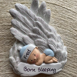 Personalised baby boy memorial grave ornament or decoration, Christmas, angel wings, blue