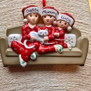 Personalised Family of 3 With Cat on Sofa Hanging Christmas Tree ...