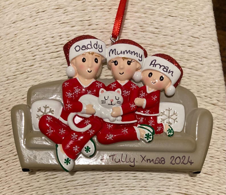 Personalised Family of 3 With Cat on Sofa Hanging Christmas Tree ...