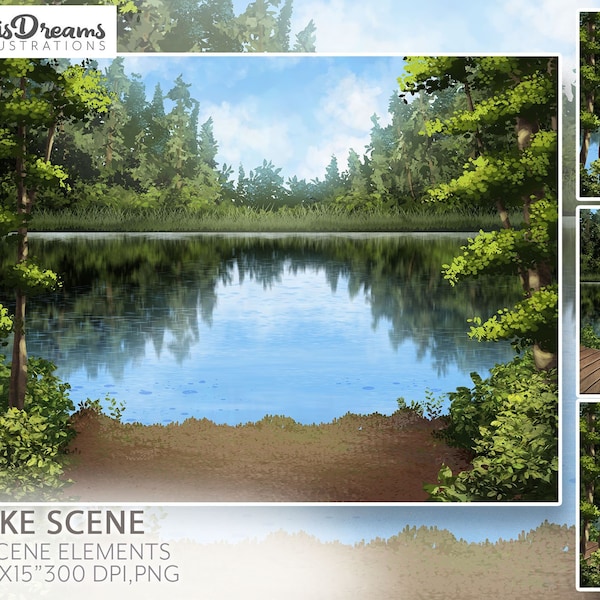 Lake Scene Background, Landscape Clipart, Nature Clipart, Foliage Clipart, Background Creator, Vacation, Travel Scene