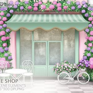 Cafe Shop Background, Shop Scene, Cafe Shop Scene, Spring Clipart, Hydrangea Flower Arch Clipart, Bike Clipart, Background Scene,