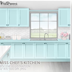 May include: A digital illustration of a kitchen with light blue cabinets, a white countertop, and a window with a view of a green field. The kitchen has a stainless steel sink and a vase of pink flowers on the counter. The text "MISS CHEF'S KITCHEN" is at the bottom of the image.