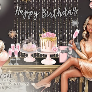 Anniversaire Clip Art, Clipart dessiné à la main, Clipart fête, Afro-américain, Asiatique, Illustration de mode, Gâteau, Nouvel An, Célébration, Planificateur