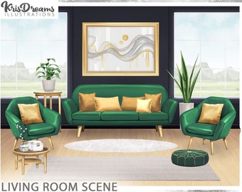 Living Room Background, Living Room Scene, Interior Clipart, Home Illustration, sofa PNG, Kitchen Illustration, Background Scene,