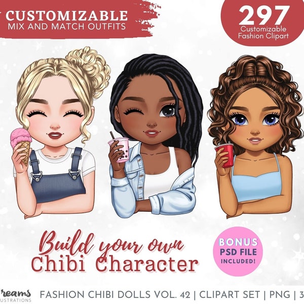 Chibi Style Build your Own Character Clipart Set, Black Girl Clipart, Coffee, Planner Girl,  Mix and Match Customizable Chibi