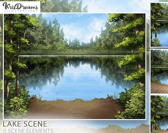 Lake Scene Background, Landscape Clipart, Nature Clipart, Foliage Clipart, Background Creator, Vacation, Travel Scene