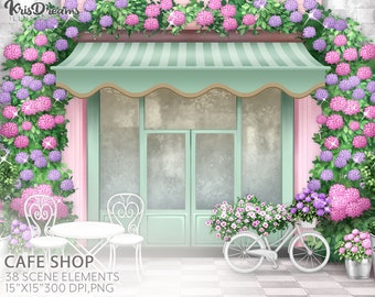 Cafe Shop Background, Shop Scene, Cafe Shop Scene, Spring Clipart, Hydrangea Flower Arch Clipart, Bike Clipart, Background Scene,