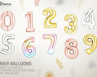 Number Balloon Clip Art, Handdrawn Clip Art, Party Clipart, Foil Balloon, Metallic Balloon Graphics, Commercial Use, New Year, Celebration