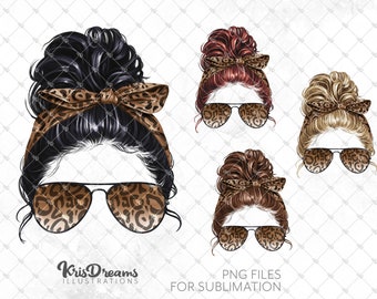 Leopard Print Messy Bun Png, Mom Bun Png, Women Glasses png, Hair Sunglasses Headband, Mom Life PNG, Sublimation Design
