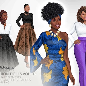 Ankara Fashion Girls Clipart, African American, Latina, Natural Locks Clipart, White Woman Illustration, Commercial Use, Girl Boss,