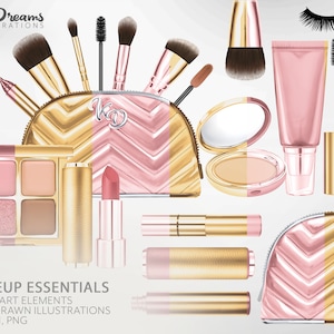 Makeup Clipart, Cosmetic Clip art, Fashion and Beauty Clipart Illustrations, Rose Gold, Gold Makeup Kit