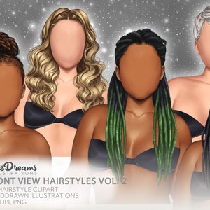 前髪のヘアスタイル クリップアート、前髪のアドオン、黒人女性のクリップアート、編み込み、ロックス、ナチュラルヘア、巻き毛、ブロンド、青、赤、ピンク