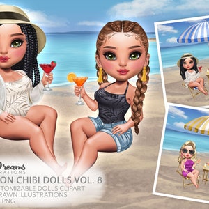 Chibi Clipart, Beach Best friends Drinking png, Black Girl Clipart, Png Files for Sublimation Design, Digital Download,