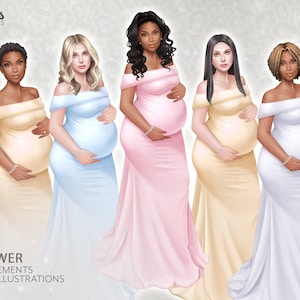Clipart de chá de bebê, clipart de grávida, clipart de maternidade, clipart de gravidez, clipart de mulher negra, clipart de pele escura, moda grávida