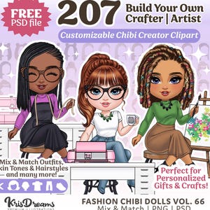 Chibi Crafter Girl Clipart PNG Bundle – Cartoon Logo, Sewing Clipart, Artist, Crafting Portrait Creator for Small Business and DIY Projects