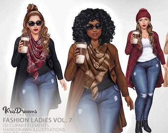 Autumn Girl png, Denim Girl Clipart, Fashion Girls Clipart, Curvy Girl Clipart, Braid Hair Clipart, Afro Girls Clipart
