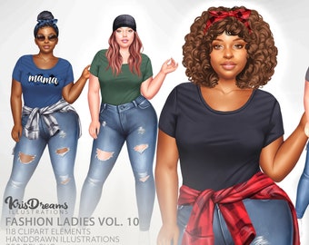 Denim Girls Clipart, Fashion Girls Clipart, Mom Clipart, Curvy Girl Clipart, Natural Hair Clipart, Afro Girls Clipart