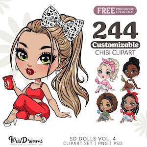 Fashion Girls Clipart | Cartoon Chibi Ladies Png Bundle | Woman with Customizable Hair and Fashion | Png and Psd | Sublimation Design | DIY