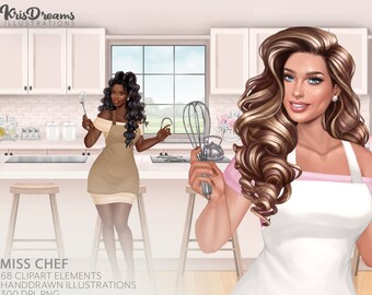 Chef Clipart, Baker Clipart, Kitchen Scene, Kitchen Illustration, Fashion Girl Clipart, Planner Girl Clipart, Hair Clipart, Make up Clipart