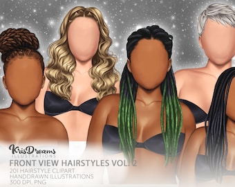 May include: Four digital illustrations of women with different hairstyles. The women are facing forward and have no facial features. The hairstyles include a blonde wavy hairstyle, green and black dreadlocks, black dreadlocks, and a short, silver pixie cut.