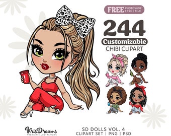 Fashion Girls Clipart | Cartoon Chibi Ladies Png Bundle | Woman with Customizable Hair and Fashion | Png and Psd | Sublimation Design | DIY