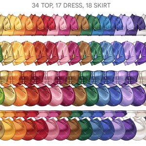 May include: A set of 34 tops, 17 dresses, and 18 skirts in a variety of colours, including green, yellow, orange, red, pink, blue, purple, and grey. The clothing items are arranged in rows, with the tops on the top row, the dresses in the middle row, and the skirts on the bottom row.