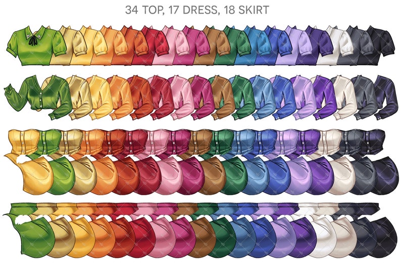May include: A set of 34 tops, 17 dresses, and 18 skirts in a variety of colours, including green, yellow, orange, red, pink, blue, purple, and grey. The clothing items are arranged in rows, with the tops on the top row, the dresses in the middle row, and the skirts on the bottom row.