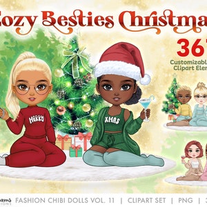 Clipart Noël Chibi meilleurs amis | Jolies soeurs Chibi Souls assises avec un cocktail | Illustrations personnalisables de cheveux et de mode